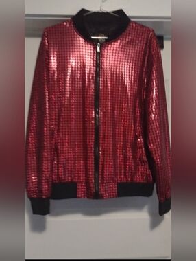 Women’s Shimmery Red Bomber Jacket - Black Trim